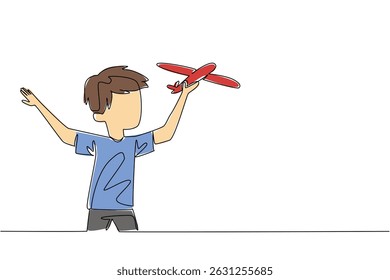 Uma única linha contínua desenhando um menino corre enquanto segura um avião de brinquedo que é levantado. A emoção de jogar criatividade. Voando. Dia Internacional dos Meninos. Ilustração de vetor de design de uma linha