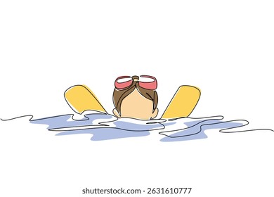 Desenho de linha contínua única um menino aprende a nadar usando o macarrão. Pratique regularmente nos fins de semana. Potencial nadador. Sério. Dia Nacional de Aprendizagem de Nado. Ilustração de vetor de design de uma linha