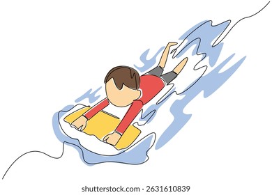Single continuous line drawing a boy learns to swim using float. Aspiring to become a professional swimmer. Practice seriously. Newbie. National Learn to Swim Day. One line design vector illustration