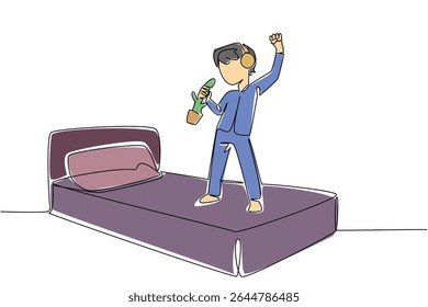 Single continuous line drawing a boy wear headphone standing on a bed hold a toy cactus in a pot. Dream of becoming a rock star. Ambition. National Sing Out Day. One line design vector illustration
