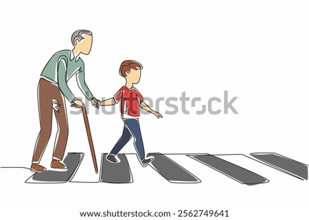 Single continuous line drawing a boy helps a hunchbacked old man with a stick cross the road on a zebra crossing. A real action to inspire all. Good Deeds Day. One line design vector illustration