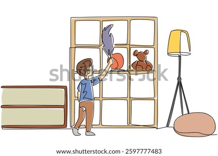 Single continuous line drawing a boy dusting shelf using a duster. Daily routine after playing in the room. Cleanliness is beautiful. National Clean Your Room Day. One line design vector illustration