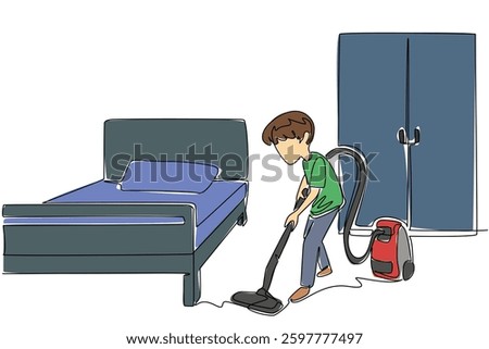 Single continuous line drawing a boy is cleaning his room using a vacuum cleaner. Leveraging technology to be cleaner. Equipment. National Clean Your Room Day. One line design vector illustration