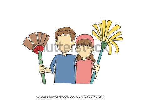 Single continuous line drawing a boy and a girl standing carrying broom and mop. Two smart kids work together to make cleaning easier. National Clean Your Room Day. One line design vector illustration