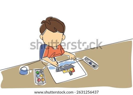 Single continuous line drawing a boy looking up while drawing and holding colorful paints and a watercolor palette. Freeing children to be creative. Drawing Day. One line design vector illustration