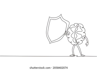 Single continuous line drawing brain mascot or character holding shield for protection. Protecting patient from mental illness germs, microbes fear or phobia. One line draw design vector illustration