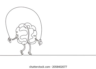 Single continuous line drawing brain training with rope jumping flat design. Creative idea. Fitness brain concept. Doodle style. Character brain for sport, education. One line draw vector illustration