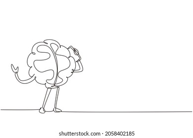Single continuous line drawing brain using smartphone talking cartoon person mobile phones. Business negotiations by phone human brain character, smart wise. One line draw design vector illustration