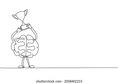 Single continuous line drawing brain with cup of the winner is on podium, won first place. Champion cartoon brain concept. Flat style design of education character brain. One line draw graphic vector