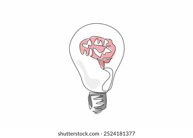 Uma única linha contínua desenhando o cérebro está dentro da lâmpada. O potencial de inovação. Criatividade. Intelecto. Poder da mentalidade. Dia Mundial do Pensamento. Ilustração de vetor de design de uma linha