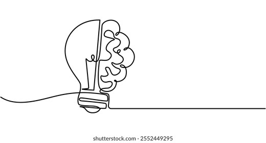 Single continuous line drawing the brain is inside the bulb lamp. The potential for innovation. Creativity. Intellect. Power of the mindset. World Thinking Day. one continuous line drawing of a head.
