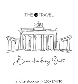 Single continuous line drawing Brandenburg Gate landmark. Beautiful famous place in Berlin, Germany. World travel home wall decor poster print concept. Modern one line draw design vector illustration