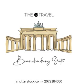 Dibujo de una sola línea continua en el punto de referencia de la Puerta de Brandenburgo. Hermoso lugar famoso en Berlín, Alemania. Diseño de póster para la decoración de la pared del mundo de viajes a casa. Ilustración vectorial de diseño de dibujo de una línea moderna