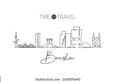 Single continuous line drawing of Brasilia skyline, Brazil. Famous city scraper landscape. World travel destination wall decor poster print art concept. Modern one line draw design vector illustration