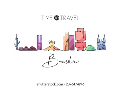 Einmalige fortlaufende Linienzeichnung der brasilianischen Skyline, Brasilien. Berühmte Stadtlandschaft. Weltweites Reiseziel Wand Dekor Poster Print Art Konzept. Modernes Einzeilendesign, Vektorgrafik