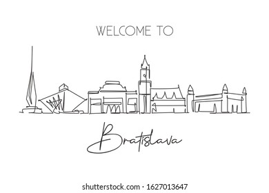 Single continuous line drawing of Bratislava city skyline Slovakia. Famous beauty city landscape. World travel concept home wall decor poster print art. Modern one line draw design vector illustration