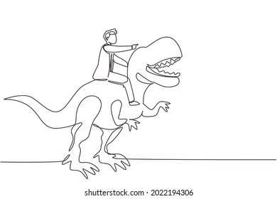 Single continuous line drawing brave businessman riding huge dangerous tyrannosaurus. Professional entrepreneur male character fight with predator. One line draw graphic design vector illustration