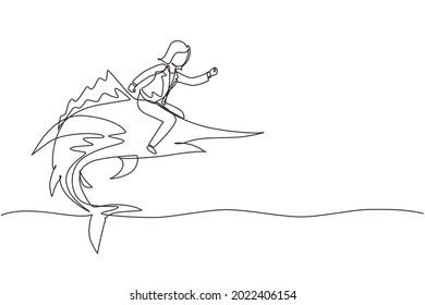 Single continuous line drawing brave businesswoman riding huge dangerous marlin fish. Professional entrepreneur female character fight with predator. One line draw graphic design vector illustration