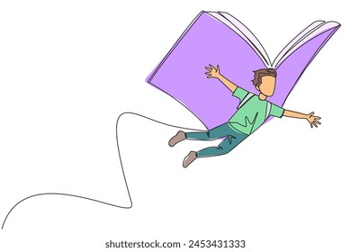 Una sola línea continua dibujando a un hombre valiente volando con alas que provienen de un gran libro abierto. La metáfora se llevó la historia. Fantasía constructiva. Ilustración vectorial de diseño de una línea