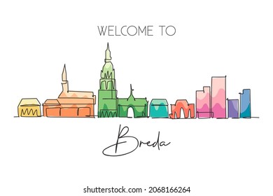Single continuous line drawing of Breda city skyline, Netherlands. Famous skyscraper landscape postcard. World travel wall decor poster print concept. Modern one line draw design vector illustration