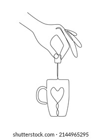 Single continuous line drawing brewing tea. Hand puts a tea bag in a cup to make a drink. Great for print, menu, postcard, invitation, advertisement. Sketch, line art. Vector illustration