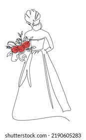 Single continuous line drawing of a bride holding flower bouquet. Simple color hand drawn style design for wedding concept. 