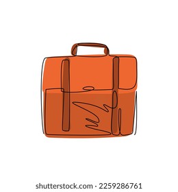 Single continuous line drawing briefcase icon logo. Bag, portfolio symbol. Flat suitcase sign isolated on white background. Simple for graphic and web design. Dynamic one line draw vector illustration
