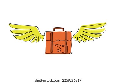 Single continuous line drawing briefcase with wings flat icon logo. Traveling suitcase in flight isolated. Symbol of tourism, luggage and trip. Dynamic one line draw graphic design vector illustration