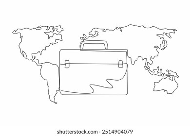 Maleta de desenho de linha contínua única com fundo de mapa mundial. Viagem de negócios no exterior. Realização de tarefas de estudo comparativo. Dia Internacional da Alfândega. Ilustração de vetor de design de uma linha