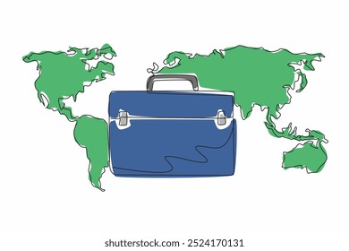 Single continuous line drawing briefcase with world map background. Business trip abroad. Conducting comparative study assignments. International Customs Day. One line design vector illustration