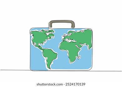 Single continuous line drawing the briefcase with world map in the middle. Customs officers' business travel bag. Registered. Compliant. International Customs Day. One line design vector illustration