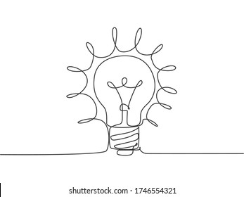 Single Continuous Line Drawing Of Bright Shinging Lightbulb For Logo Label. Power Electricity Logotype Symbol Template Concept. Dynamic One Line Draw Graphic Vector Illustration For Creative Process