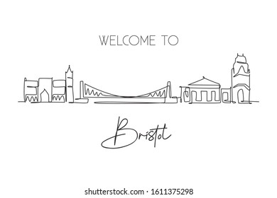 Single continuous line drawing of Bristol city skyline. Famous city skyscraper and landscape. World travel wall home decor poster print art concept. Modern one line draw design vector illustration