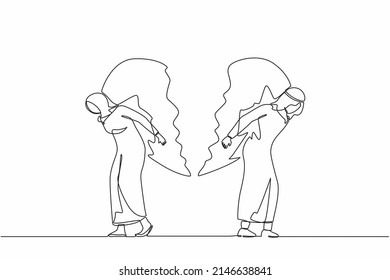 Single continuous line drawing broken heart carried by Arab man and woman. Divorce heartache concept. Family conflict. Break up relationship. Married couple angry, sad. One line graphic design vector