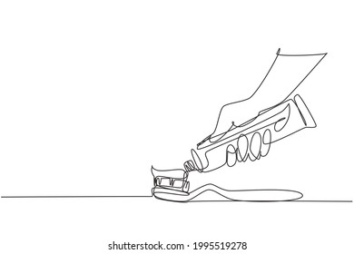 Single continuous line drawing brushing teeth. Toothbrush and toothpaste close up. Hand extrude toothpaste from tube on toothbrush. Teeth care concept. One line draw graphic design vector illustration