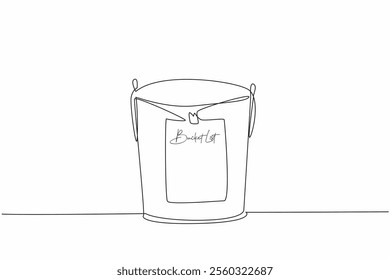 Single continuous line drawing bucket with paper attached to the outside with the words Bucket List written on it. Bucket full of dreams. National Bucket List Day. One line design vector illustration