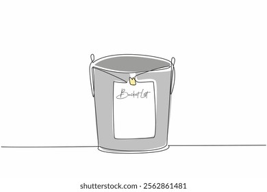 Single continuous line drawing bucket with paper attached to the outside with the words Bucket List written on it. Bucket full of dreams. National Bucket List Day. One line design vector illustration