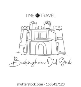 Single continuous line drawing Buckingham Old Gaol. Famous museum in Buckinghamshire, England. World travel home decor wall art poster print concept. Modern one line draw design vector illustration