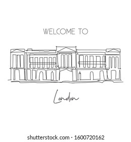 Single continuous line drawing Buckingham Palace landmark. Beautiful famous place in London, UK. World travel home decor wall art poster print concept. Modern one line draw design vector illustration