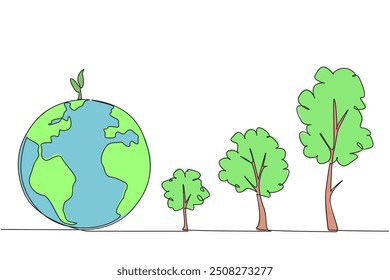 Single continuous line drawing bud grow above the globe. The better the condition of the earth, the better and thicker the trees that grow. World environment day. One line design vector illustration