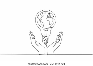 Single continuous line drawing bulb lamp is in the middle of the two open arms. Global movement to care more about the fate of the earth. Electric. Earth Hour Day. One line design vector illustration