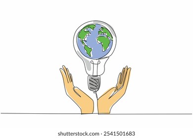 Single continuous line drawing bulb lamp is in the middle of the two open arms. Global movement to care more about the fate of the earth. Electric. Earth Hour Day. One line design vector illustration