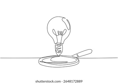 Single continuous line drawing bulb lamp floating above the magnifier glass. The idea is still floating. Looking for the right time. Smart. National Creativity Day. One line design vector illustration