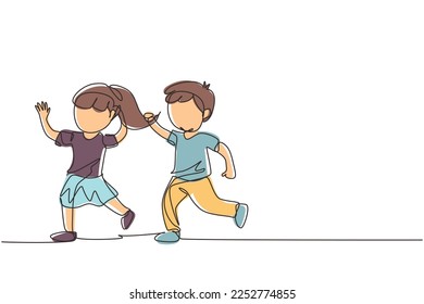 Single continuous line drawing bullying children. Angry boy pulling girl's hair. She look of shock and pain. Problem of Physical bullying at school. One line draw graphic design vector illustration