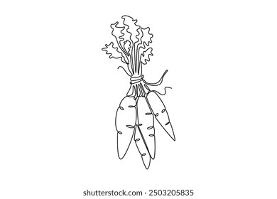 Single continuous line drawing bunch whole healthy organic carrots pile for farm logo identity. Fresh biennial plant concept for root vegetable icon. One line draw graphic design vector illustration