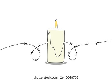 Uma única linha contínua desenhando uma vela acesa atrás da qual está um rolo de arame farpado. Uma organização se preocupa profundamente com os direitos humanos. Dia Internacional da Anistia. Ilustração de vetor de design de uma linha