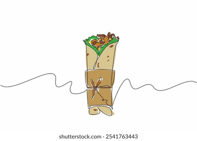 Burritos de desenho de linha única contínua envolvidos em rolos de papel e corda. Refeições para levar para casa. Pratos de carne salgados. Coma com a família. Gostoso. Dia Nacional do Burrito. Ilustração de vetor de design de uma linha