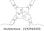 Single continuous line drawing of business team members unite puzzle pieces together to one as team building symbol. Employee teamwork concept. Trendy one line draw design vector graphic illustration