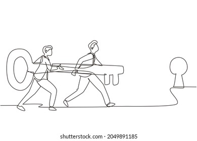 Single continuous line drawing business men standing in front of keyhole with big key. Business team holding key to success. Two business man carrying huge golden key. One line draw design vector