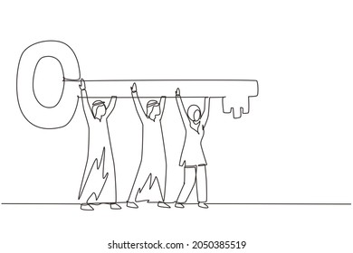 Una línea única de dibujo continuo trabajo en equipo clave del concepto de éxito. Empresario árabe trabajando en equipo. Gente levantando la clave del éxito, dando un paso adelante hacia un futuro abierto. vector de diseño de trazos de una línea